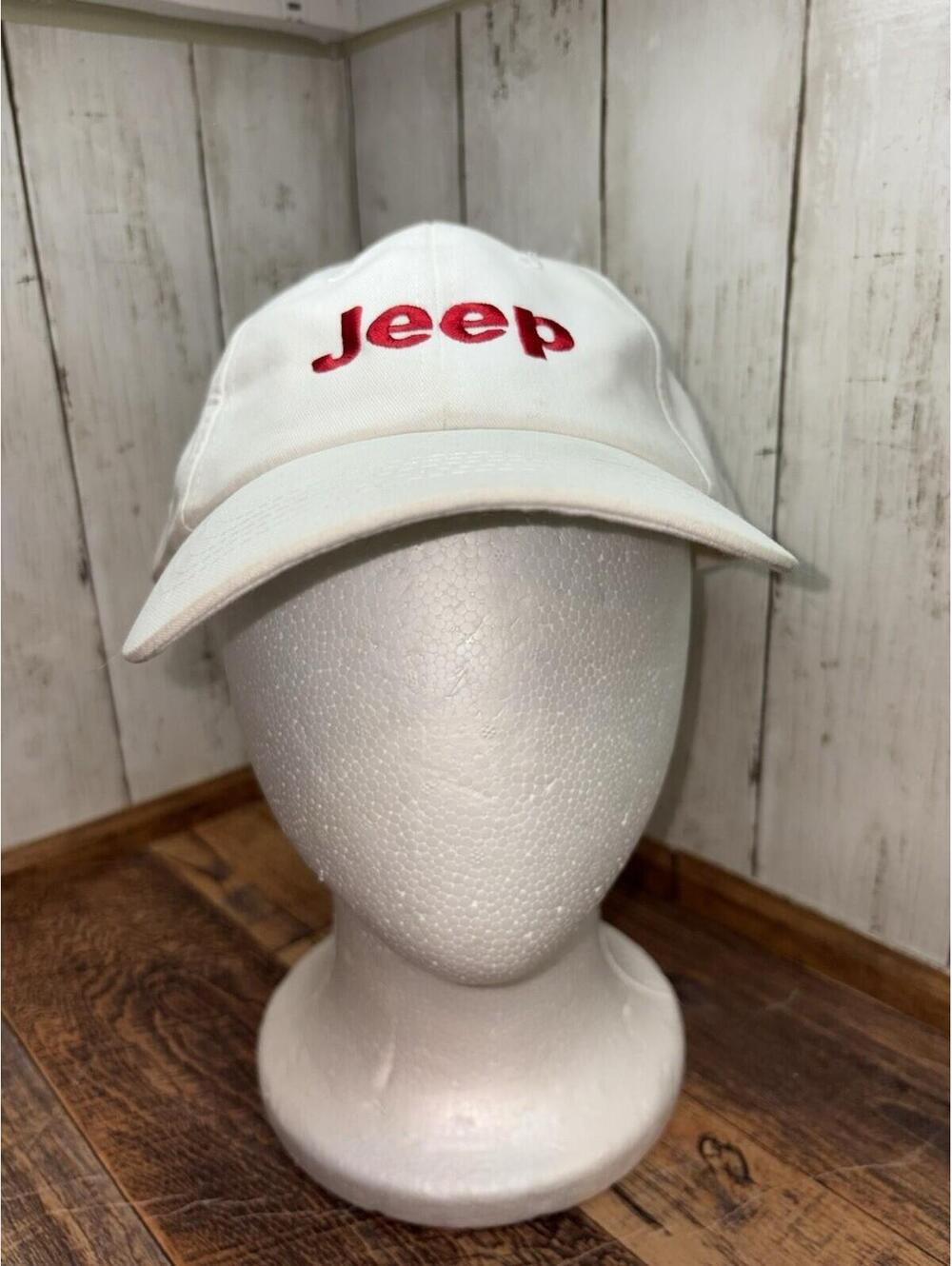Jeep Embroidered Logo Strapback Baseball Dad Hat Red Lettering White Cotton Cap
